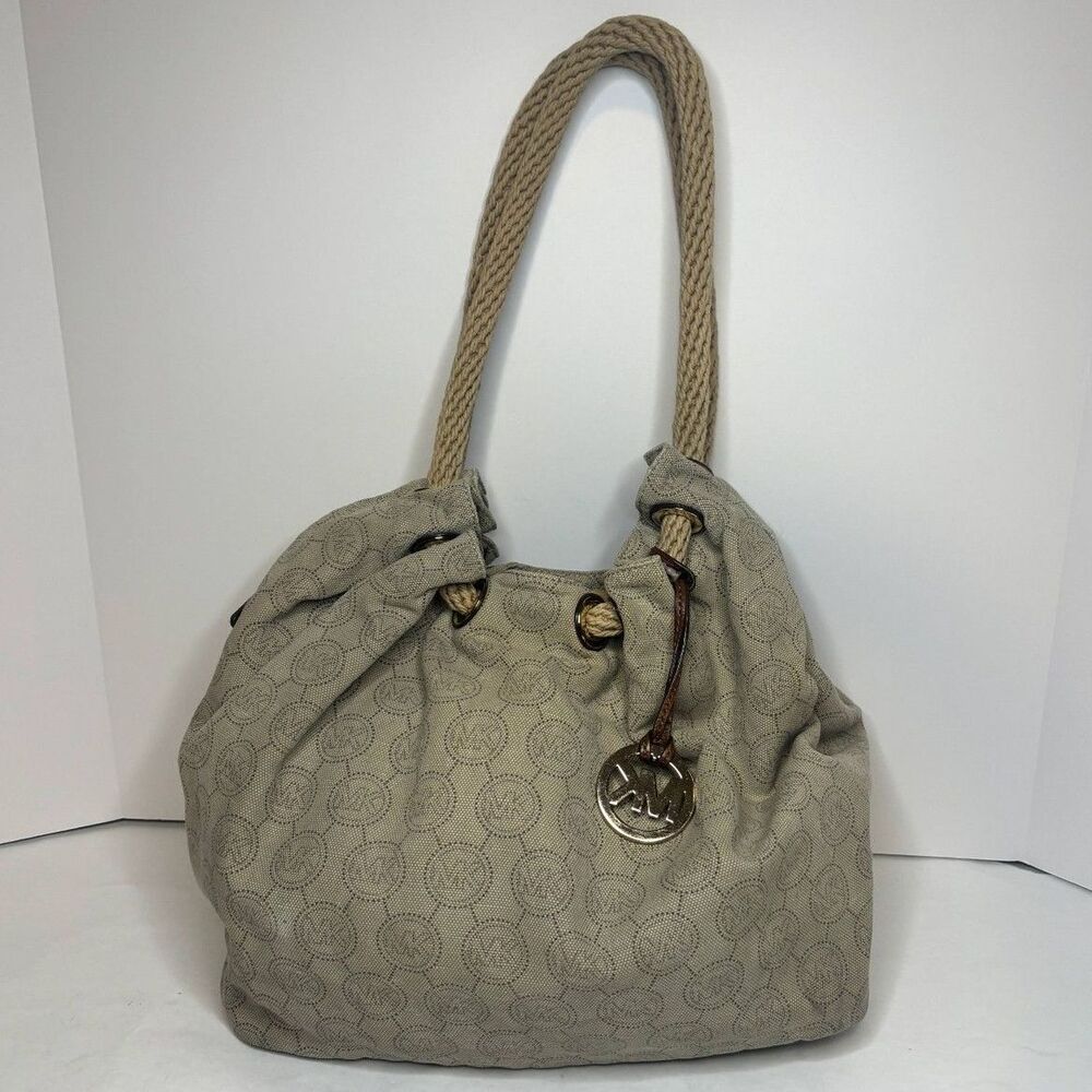 Michael Kors Canvas Tan Monochrome Rope Handle Tote Shoulder Bag Purse Womens